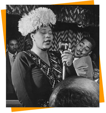 Photograph of Ella Fitzgerald and Dizzy Gillespie in a New York City nightclub